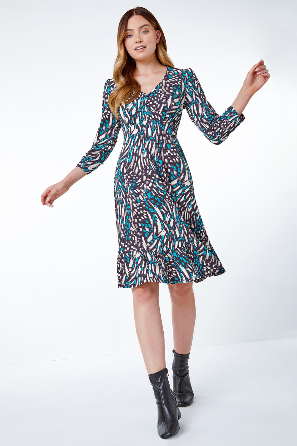 Teal Abstract Frill Hem Dress, Image 2 of 5