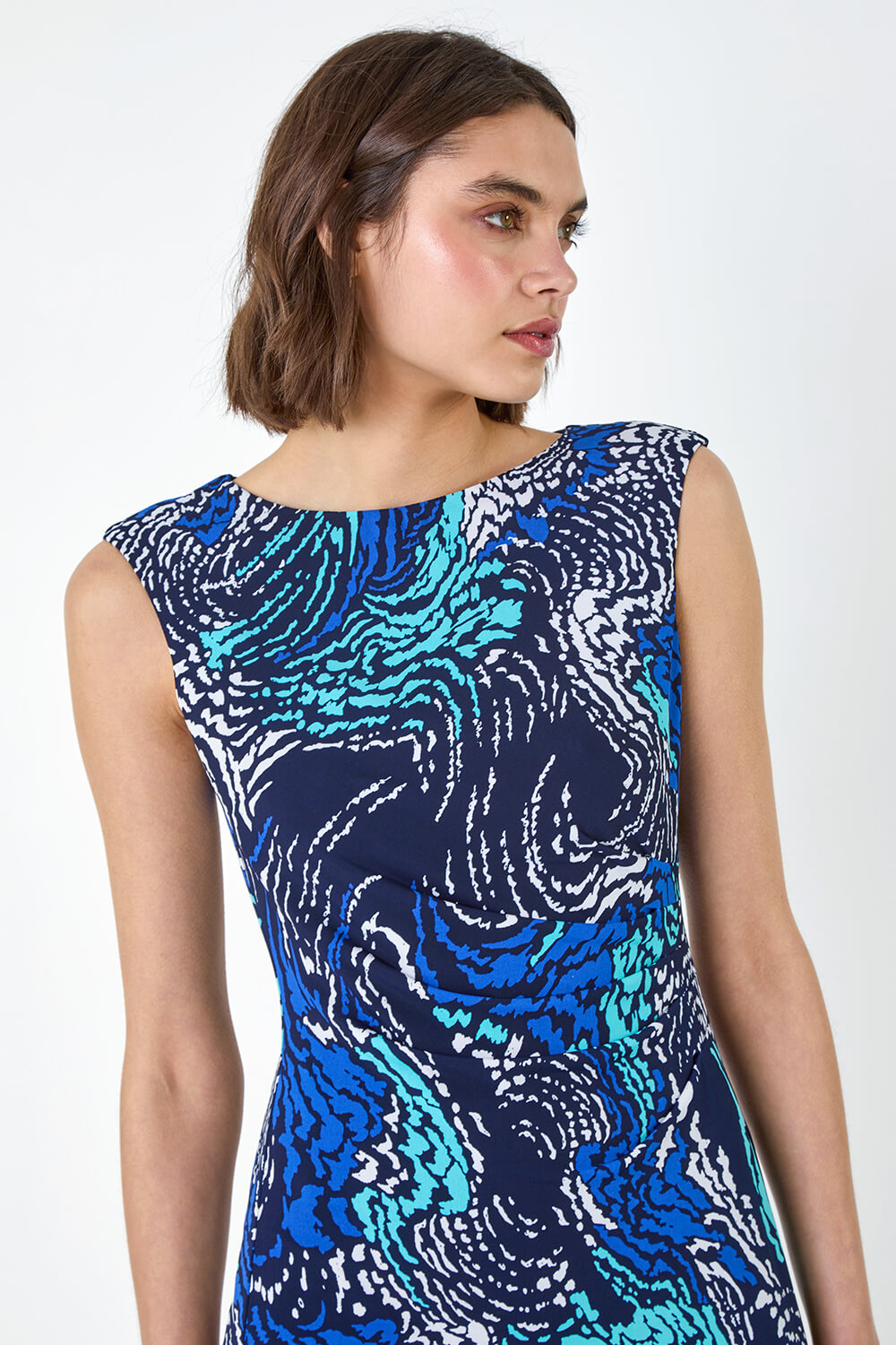 Navy  Textured Wave Print Shift Stretch Dress, Image 4 of 5
