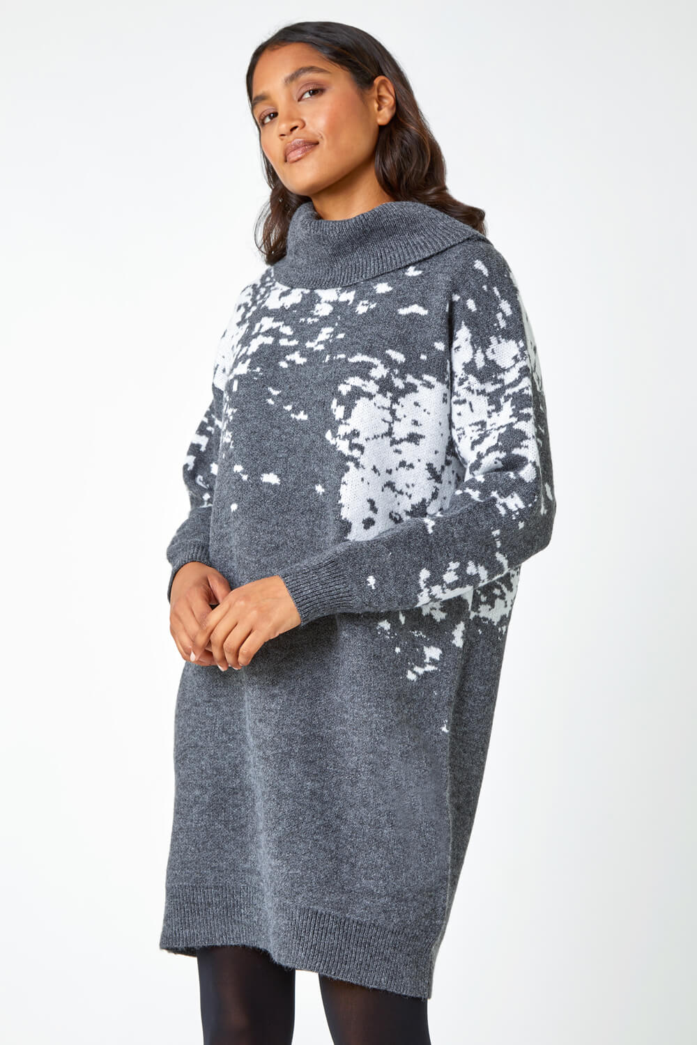 Dark Grey Abstract Print Cowl Neck Jumper Dress, Image 3 of 5
