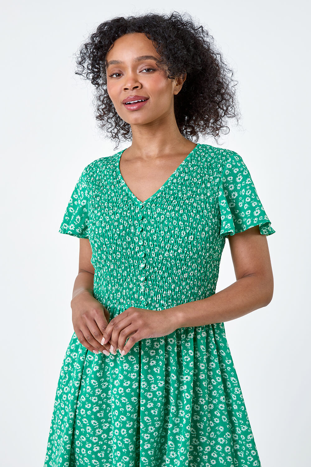 Green Petite Ditsy Floral Shirred Midi Dress, Image 4 of 5