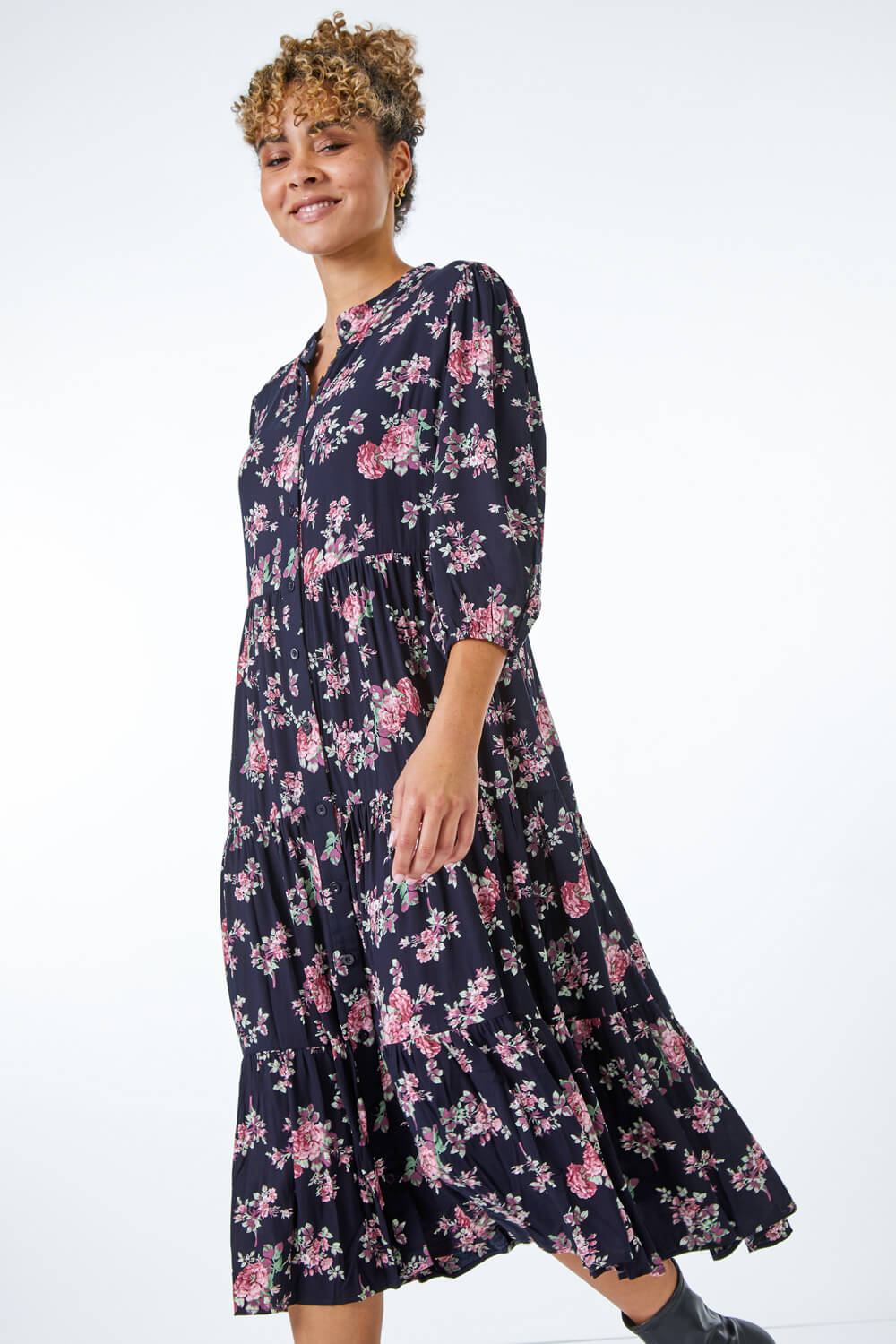 Petite Floral Tiered Midi Shirt Dress in Navy - Roman Originals UK