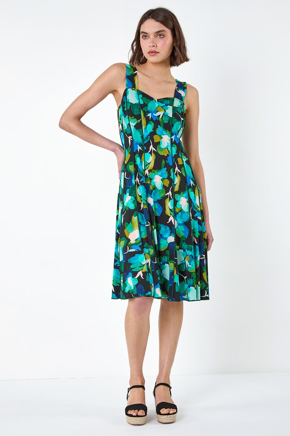 Green Abstract Floral Print Stretch Panel Dress, Image 2 of 5