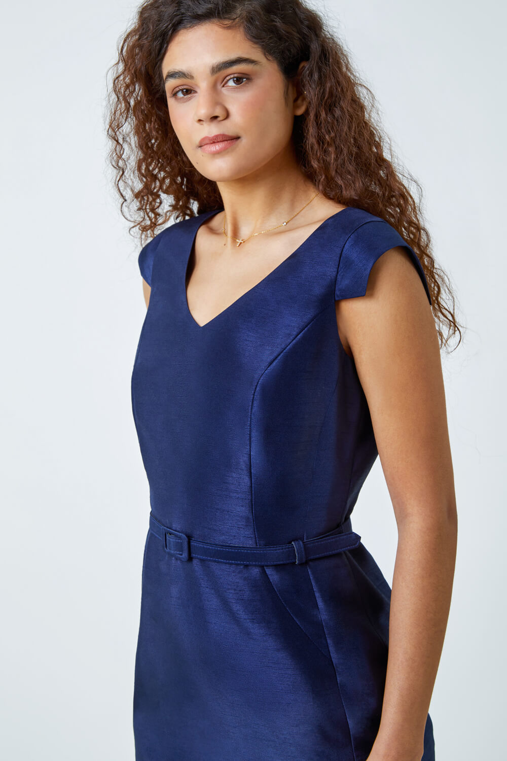 Navy  Satin Look Belted Shift Dress, Image 4 of 5
