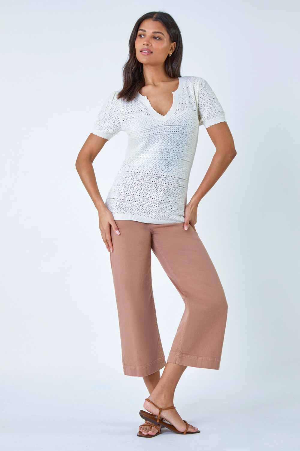 Ivory  Pointelle Stretch Knit T-Shirt, Image 4 of 5