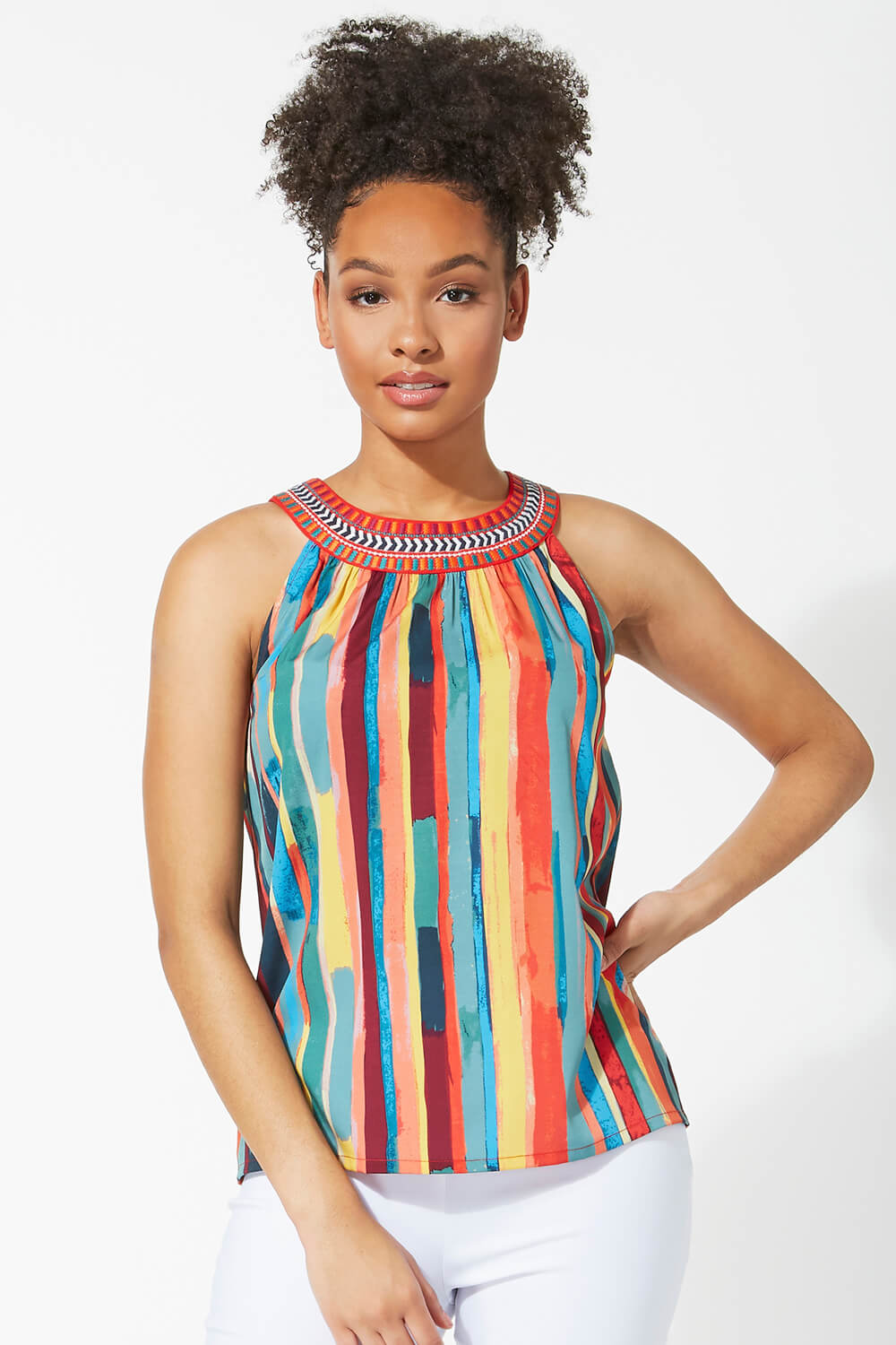 Stripe Print Embroidered Top