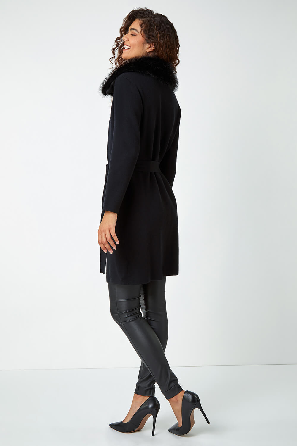 Black Faux Fur Collar Longline Cardigan, Image 3 of 5