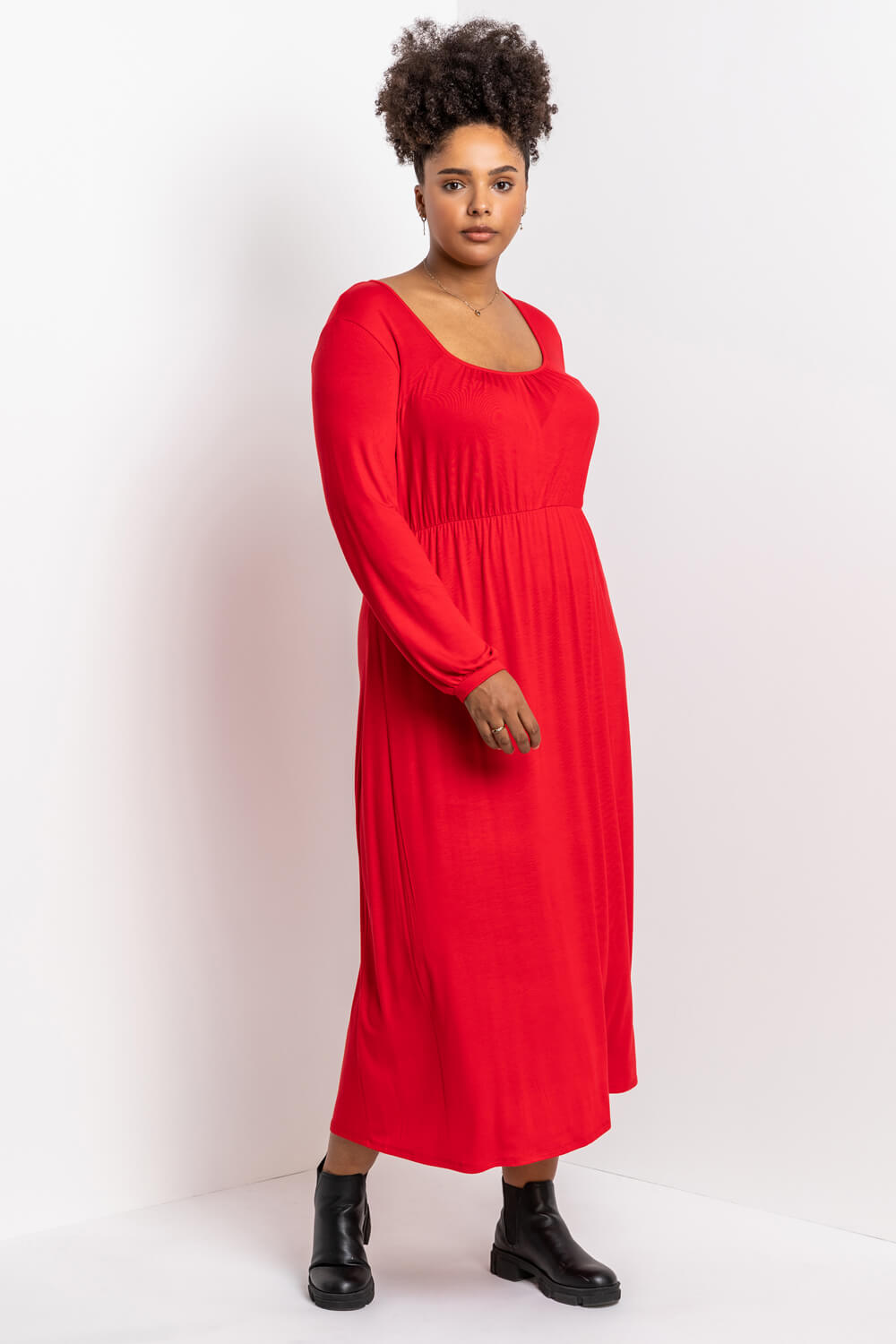 Red Curve Long Sleeve Jersey Midi Dress, Image 3 of 4