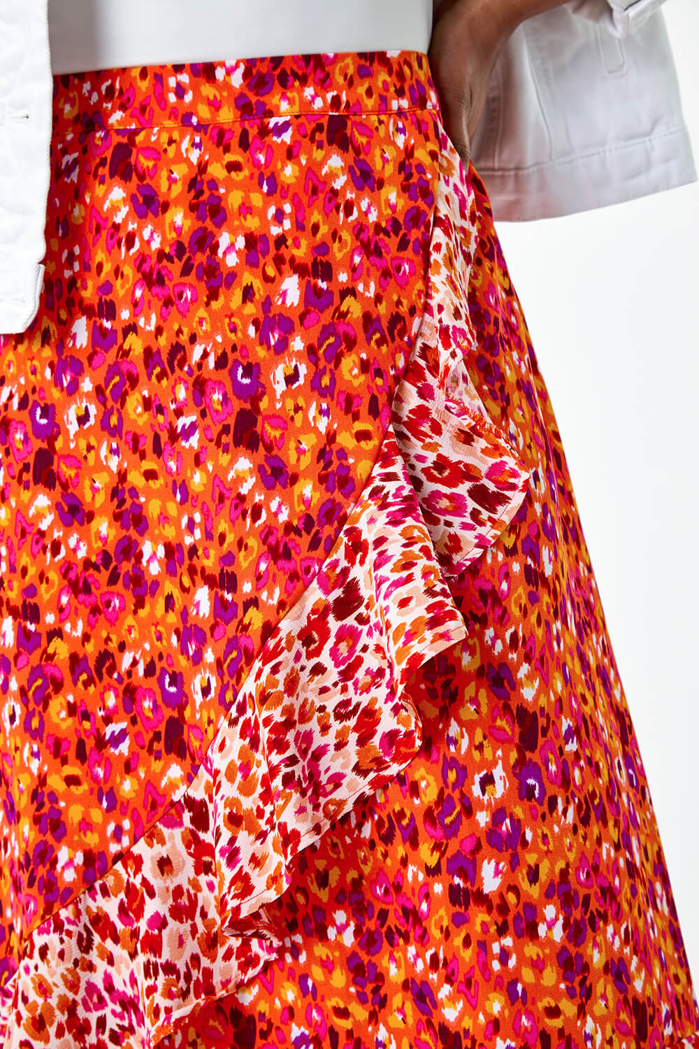 ORANGE Mixed Animal Print Frill Wrap Skirt, Image 5 of 5