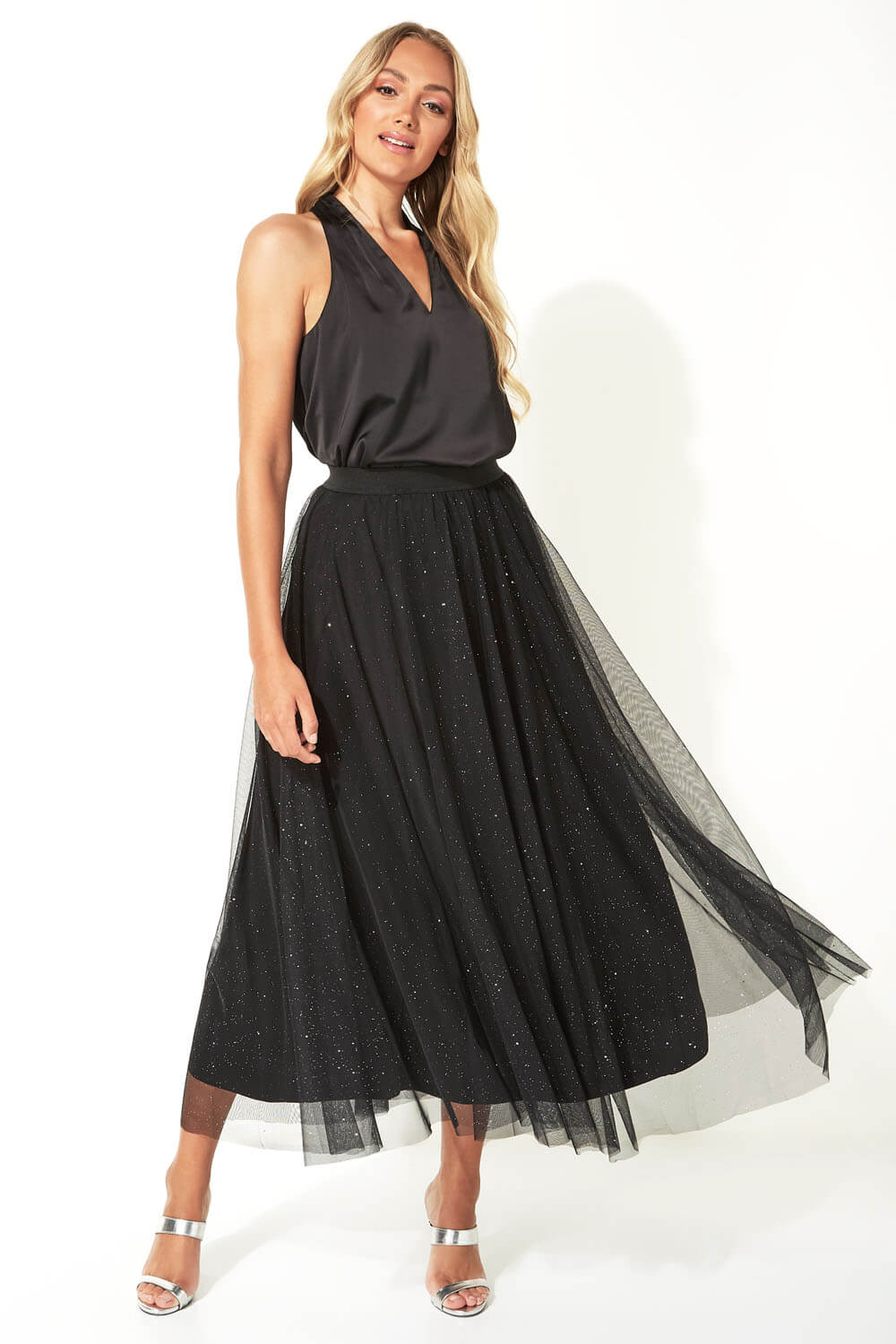 Black Mesh Sparkle Maxi Skirt , Image 4 of 5