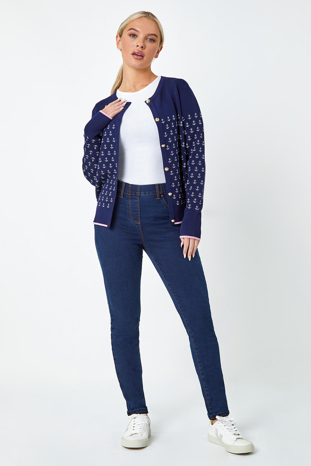 Navy  Petite Anchor Embroidered Cardigan, Image 4 of 5