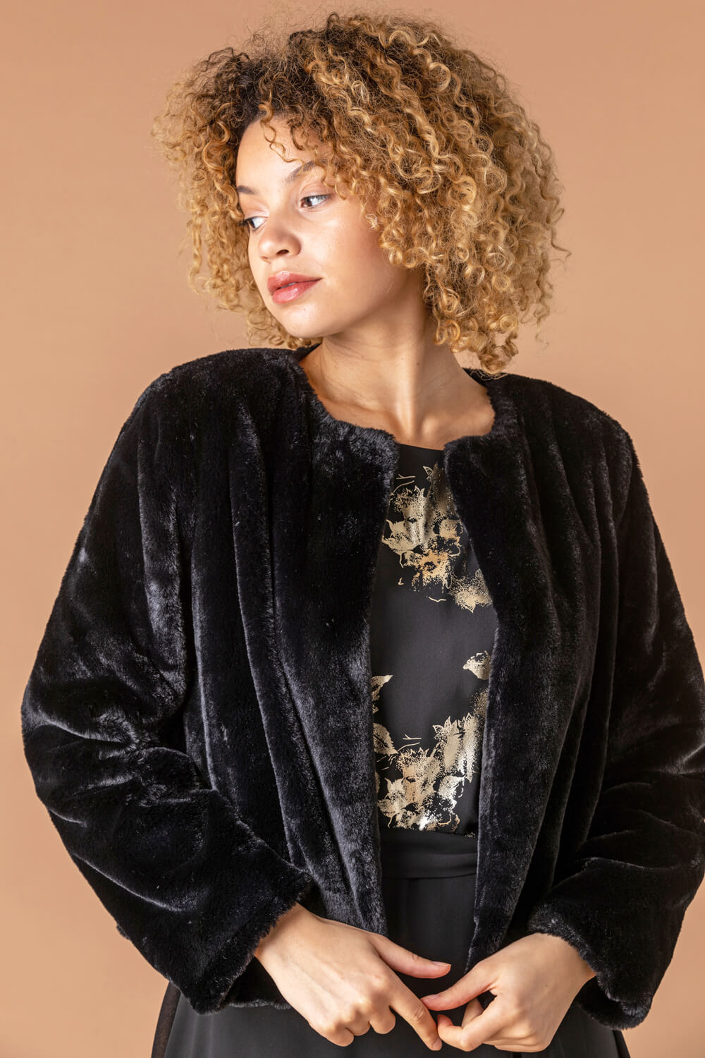 Faux Fur Bolero Jacket in Black - Roman Originals UK