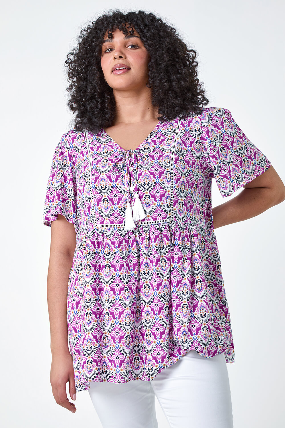 Curve Tie Front Boho Printed Top