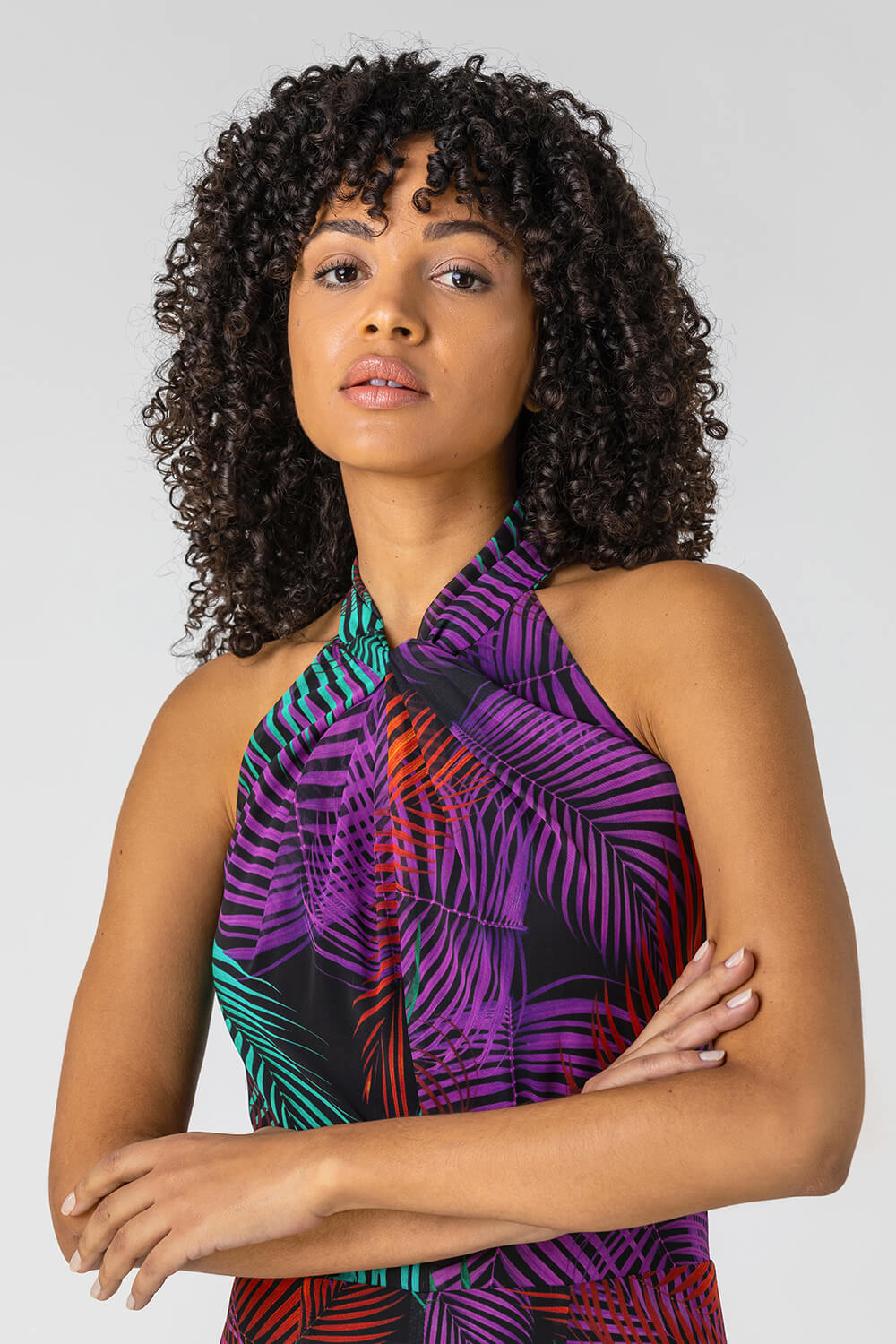 Purple Tropical Print Halter Neck Maxi Dress, Image 4 of 4