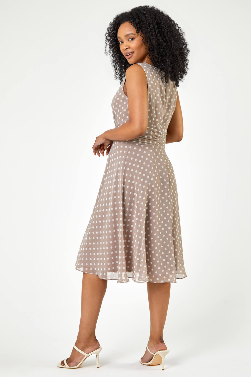 Taupe Petite Spot Print Buckle Detail Chiffon Dress, Image 2 of 5