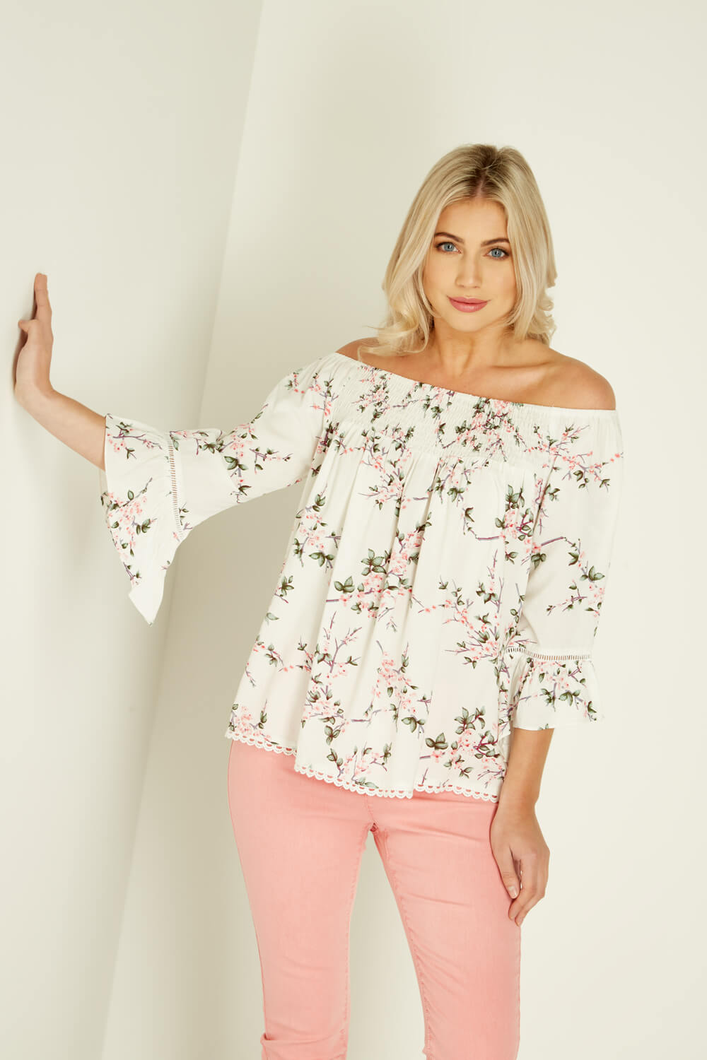 Floral Print Bardot Top in Ivory - Roman Originals UK