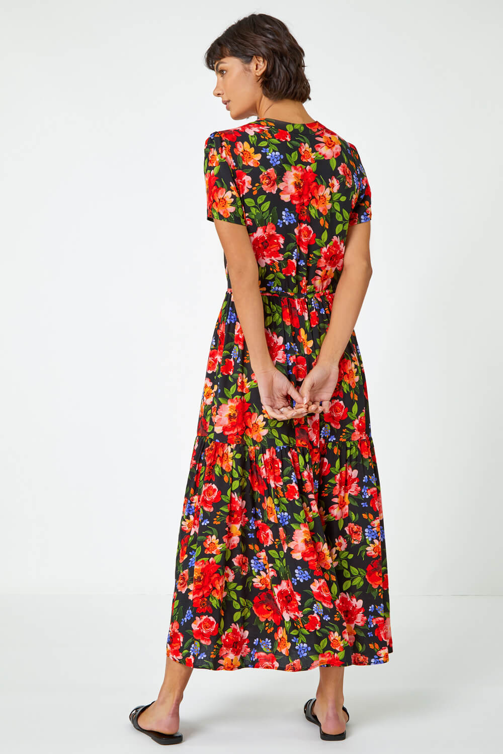 Red Floral Print Tiered Midi Dress, Image 3 of 5