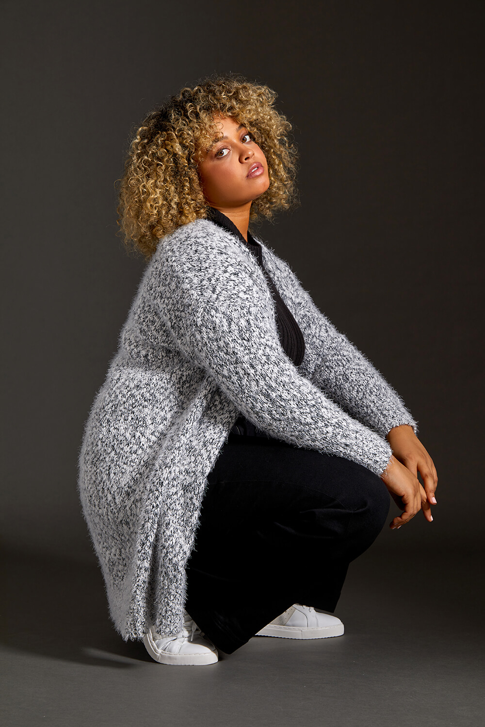 Grey Curve Fluffy Textured Cardigan, Image 7 of 7