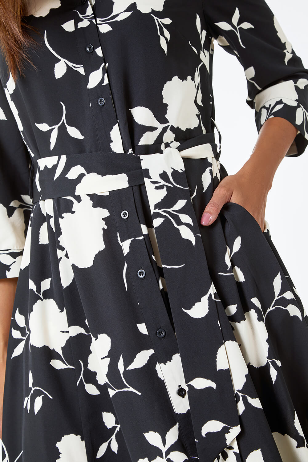 Black Floral Print Midi Shirt Stretch Dress, Image 5 of 5