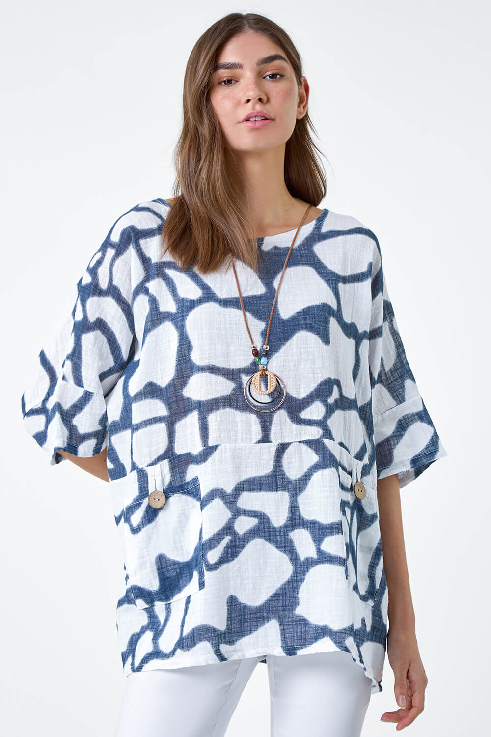 Navy Animal Print Cotton Tunic Top | Roman UK