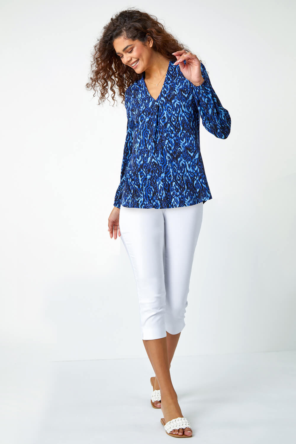 Blue Aztec Print Pleated Stretch Top, Image 2 of 5