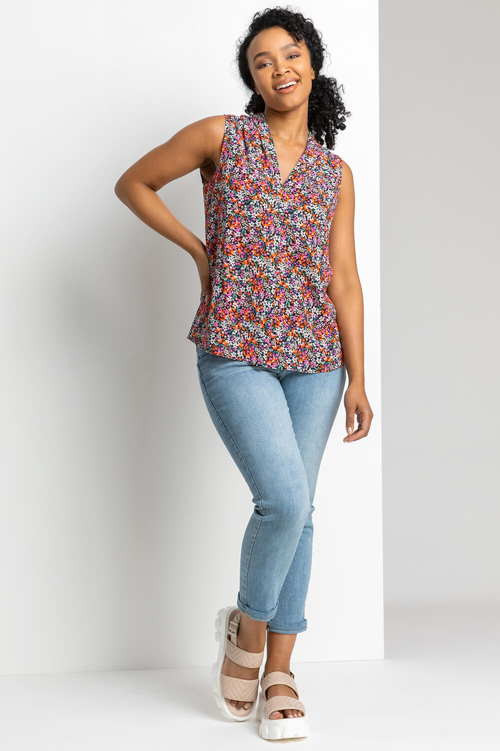 PINK Petite Ditsy Floral Notch Neck Top, Image 3 of 4