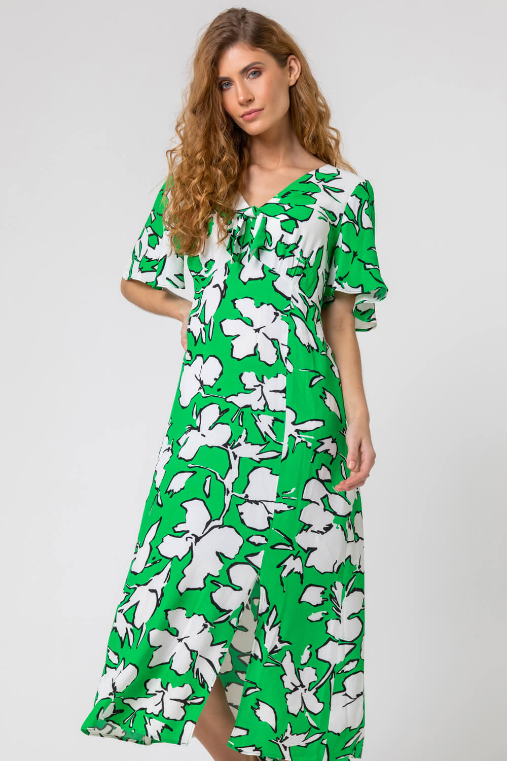 Contrast Floral Tie Detail Midi Dress in Green - Roman Originals UK