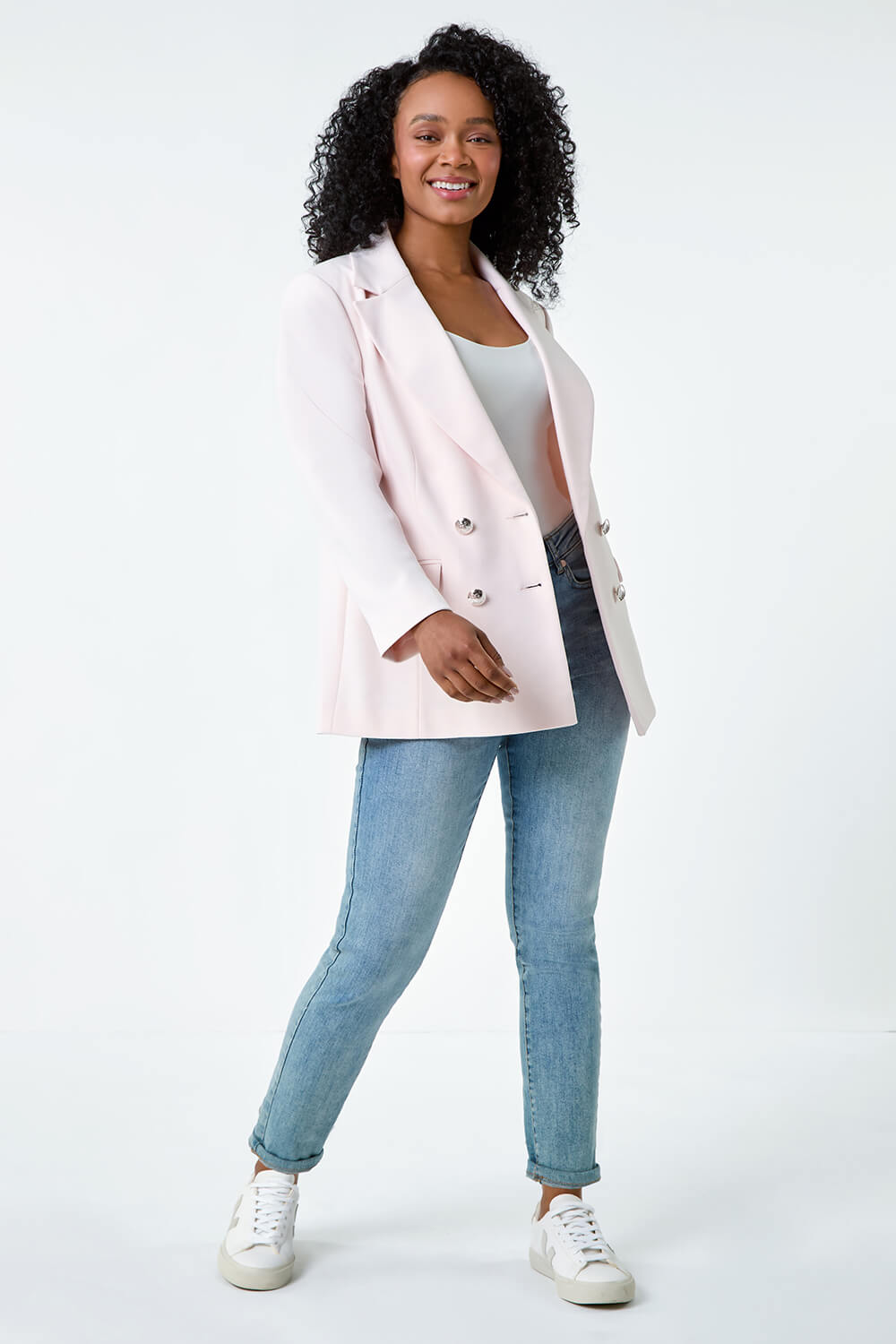 Light Pink Petite Double Breasted Stretch Blazer, Image 3 of 6