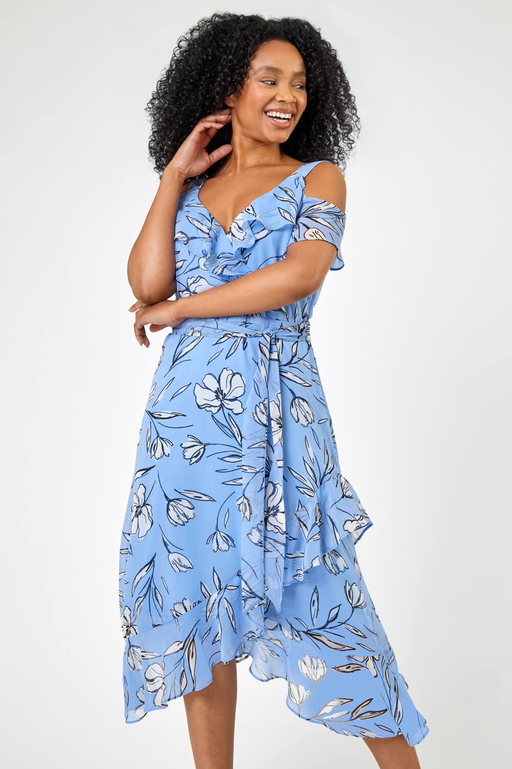 Blue Petite Floral Print Cold Shoulder Midi Dress, Image 3 of 5