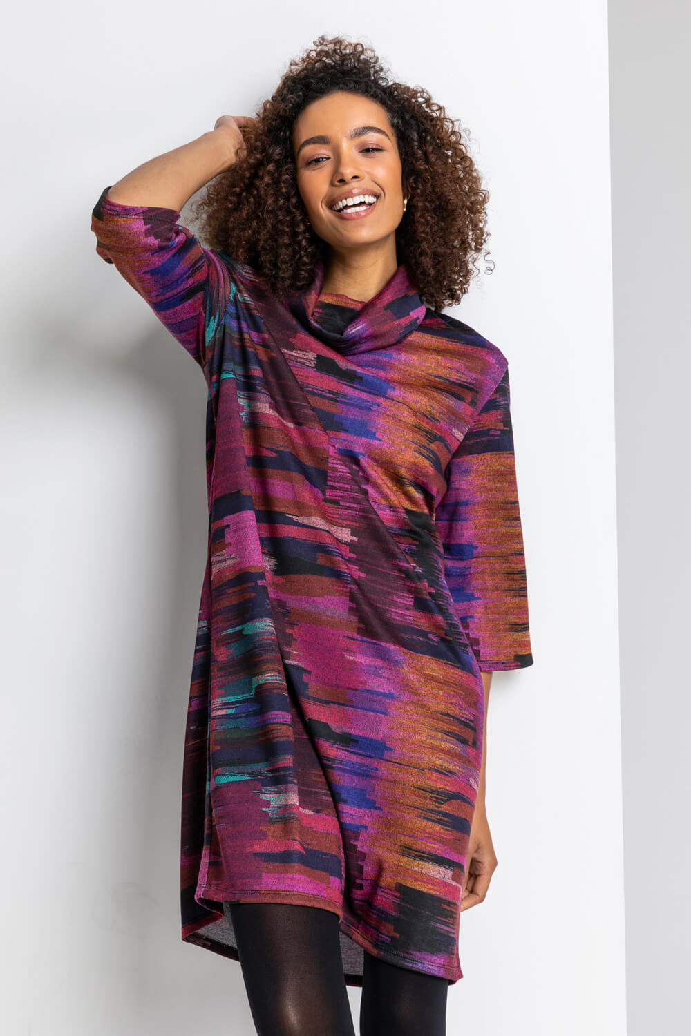 Purple Abstract Print Cowl Neck Dress, Image 4 of 4
