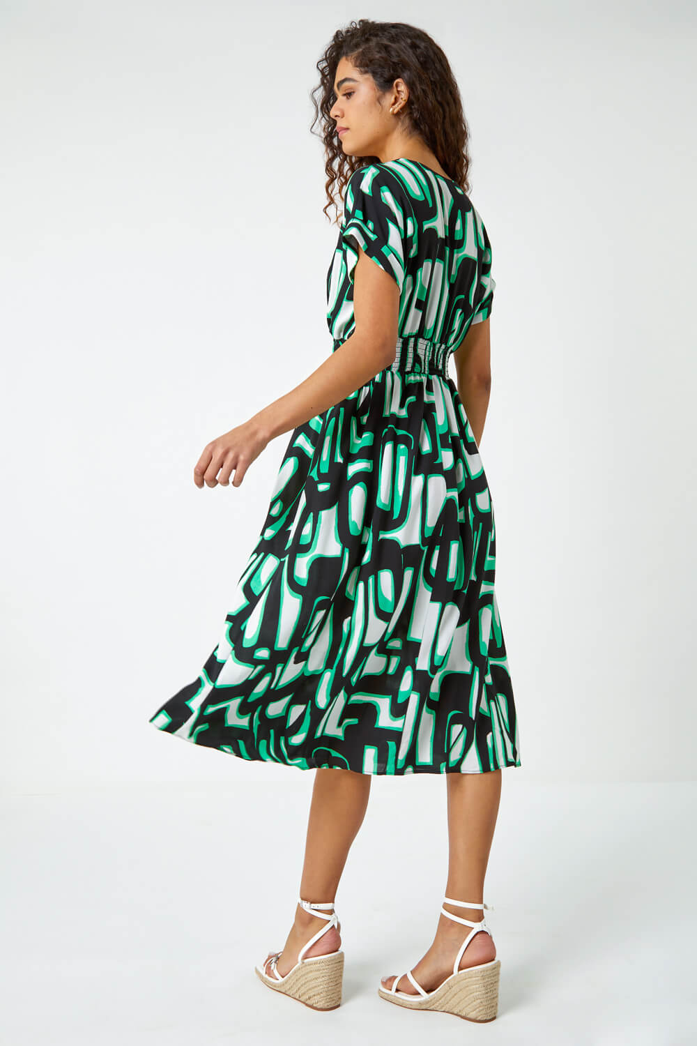 Green Abstract Geometric Print Midi Dress, Image 3 of 5