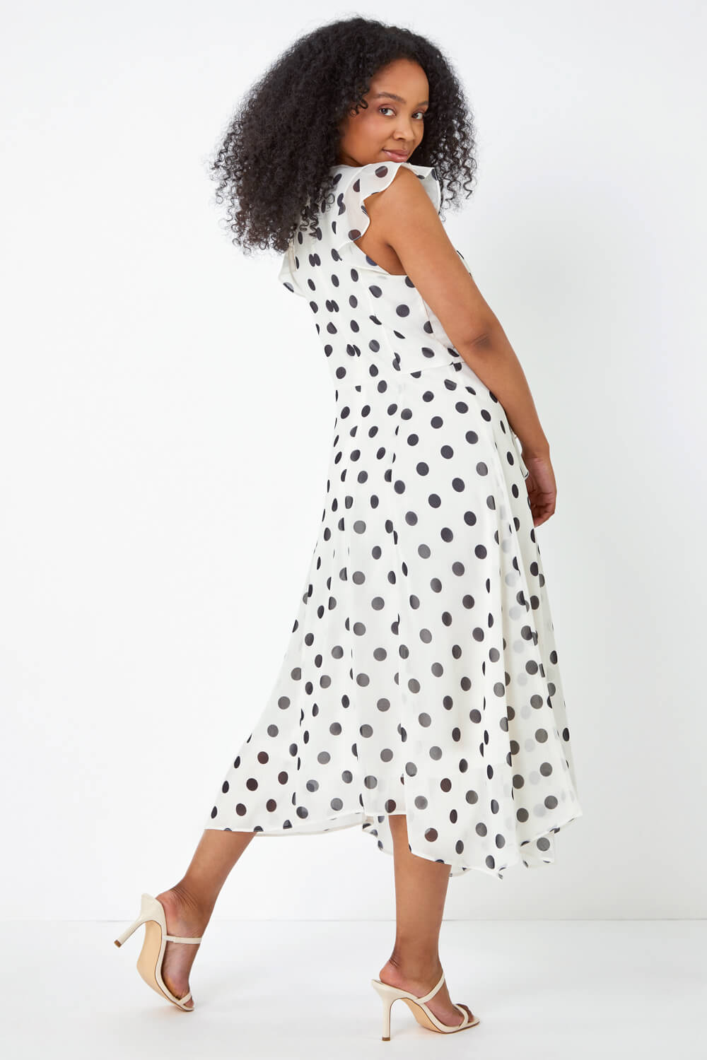 Ivory  Petite Polka Dot Ruffle Midi Dress, Image 3 of 5
