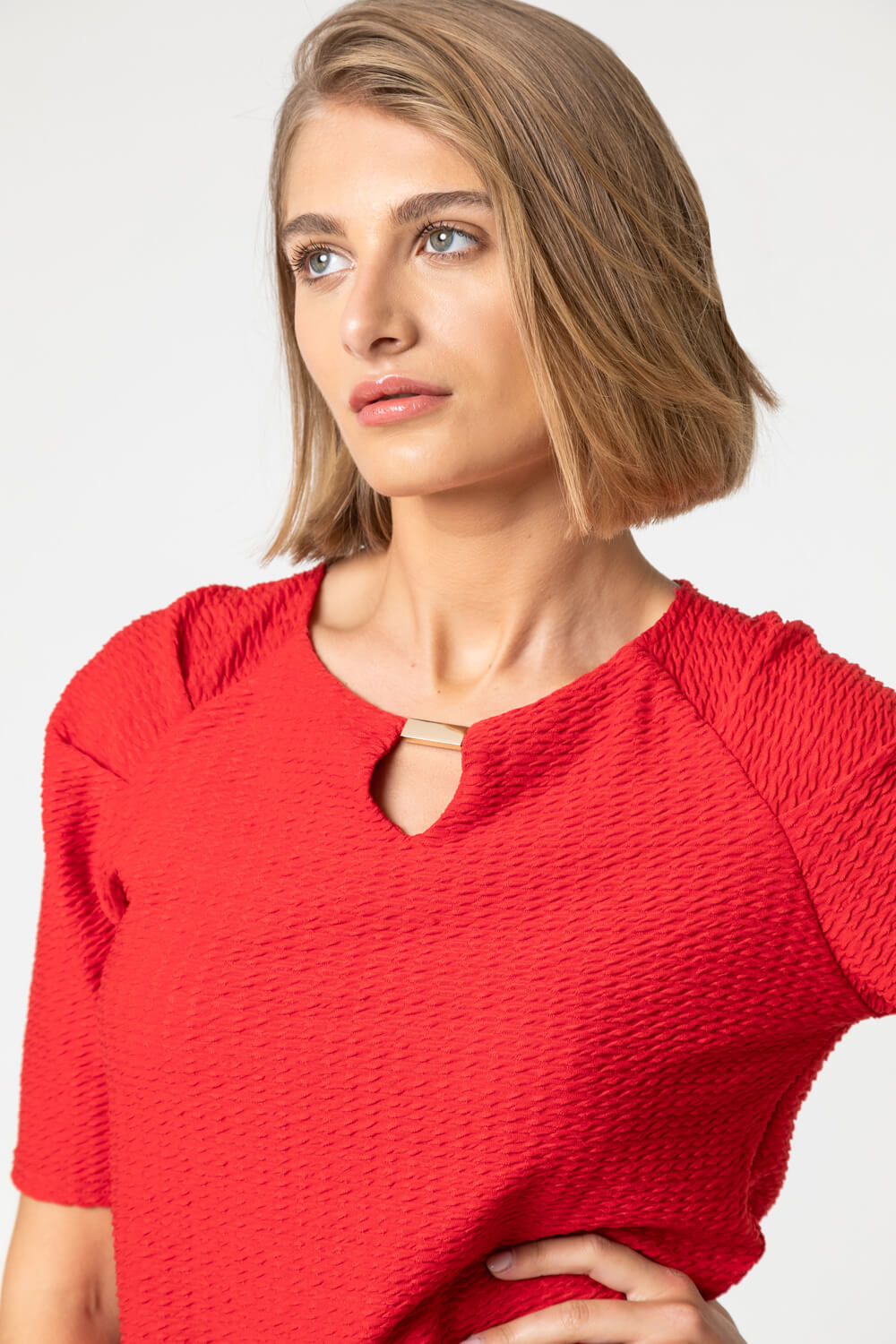 Red Keyhole Neck Textured Top, Image 4 of 4