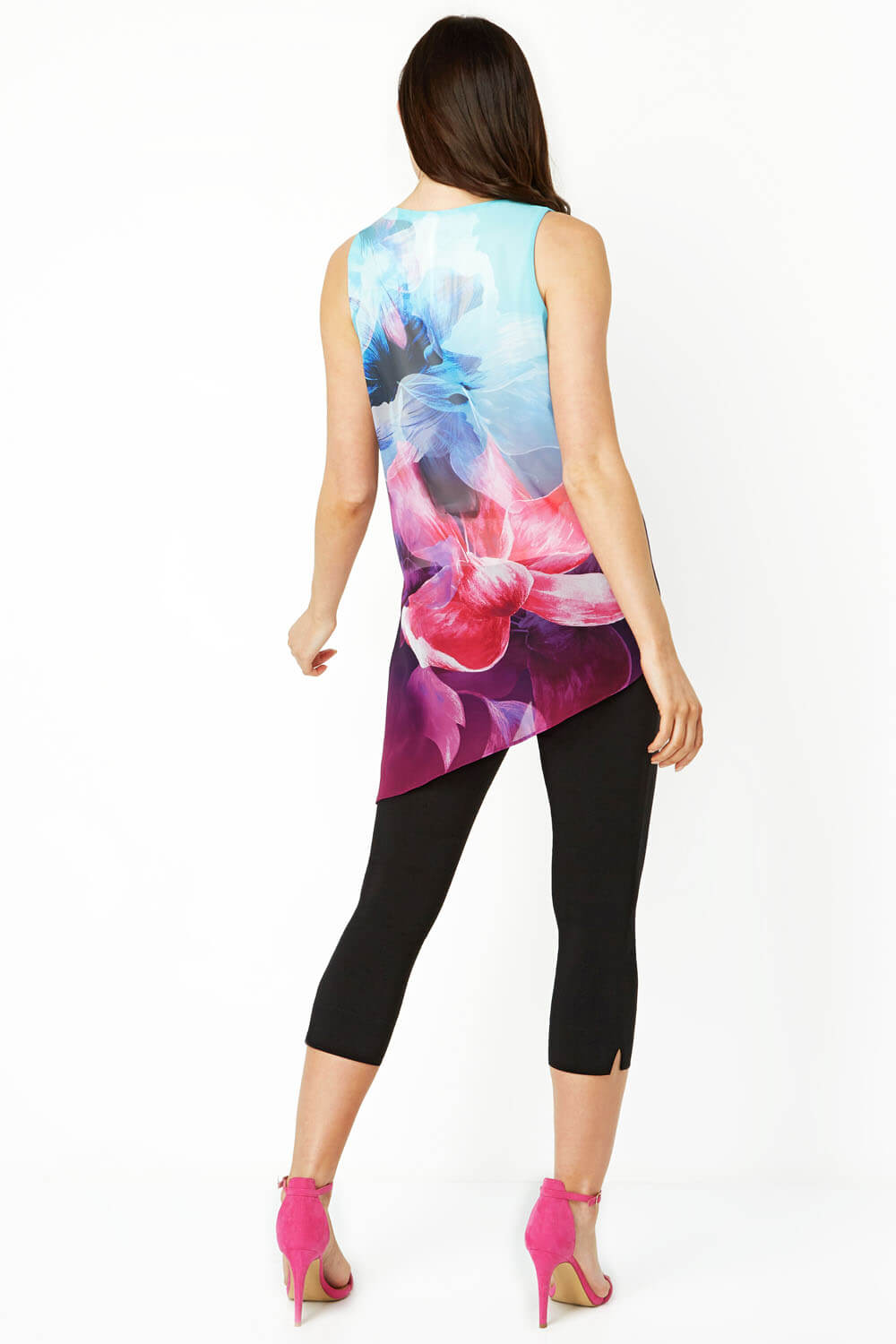 Turquoise Sleeveless Floral Print Chiffon Top, Image 3 of 8