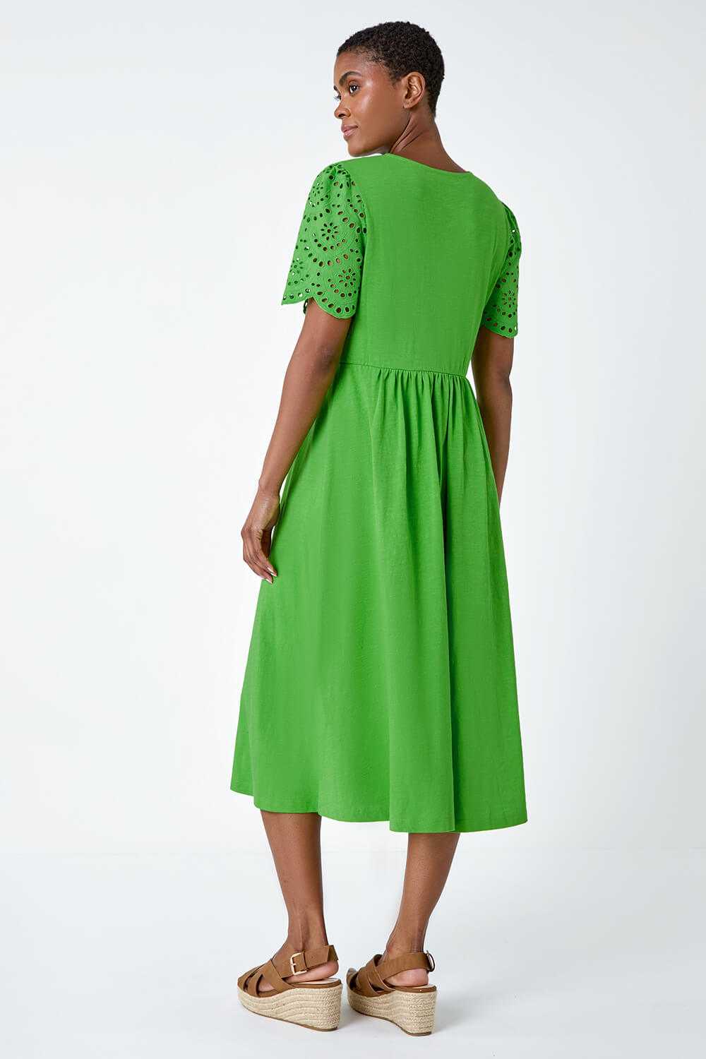Green Cotton Broderie Sleeve Midi Dress, Image 3 of 5