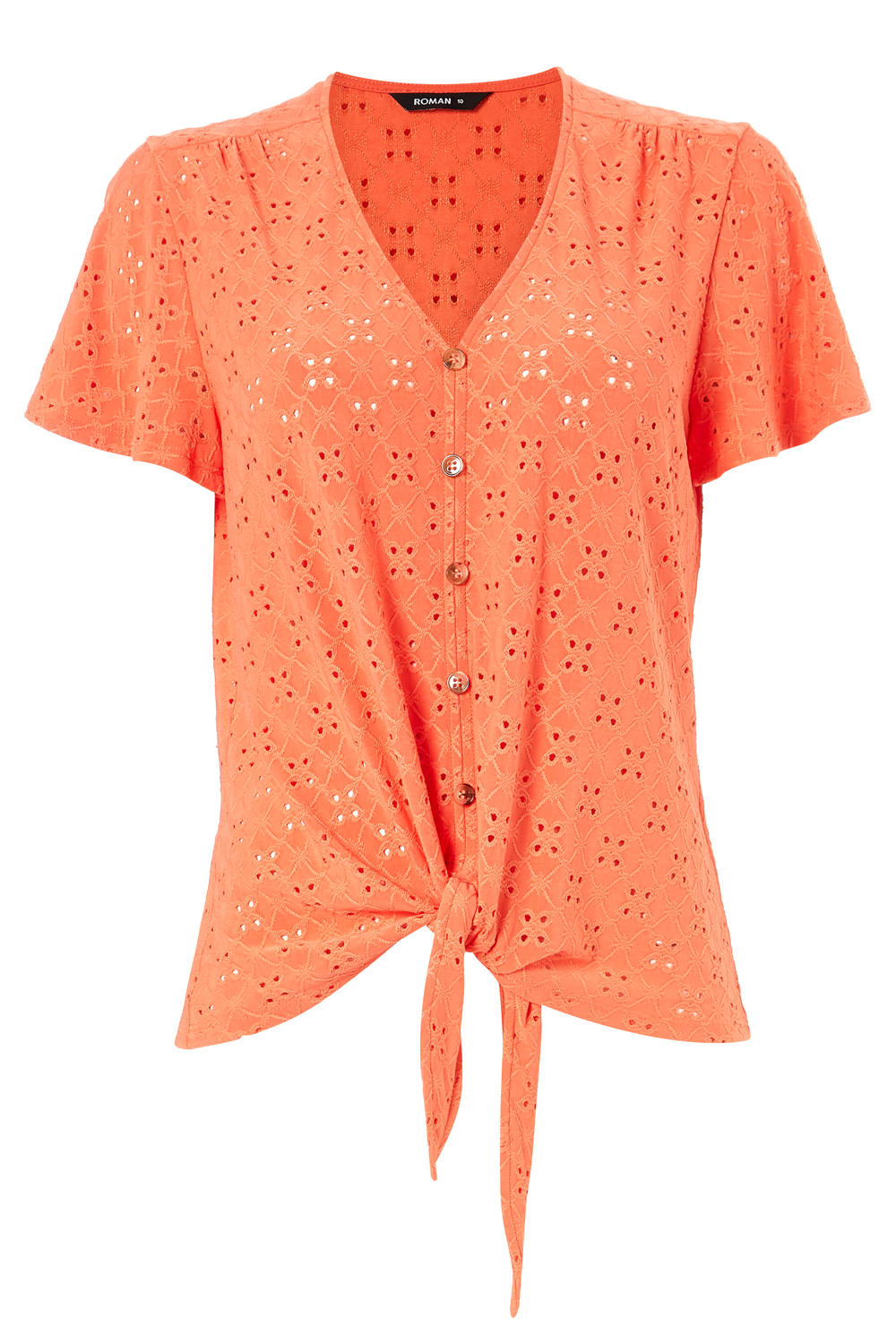 CORAL Broderie Stretch Jersey Tie Front Top, Image 4 of 4