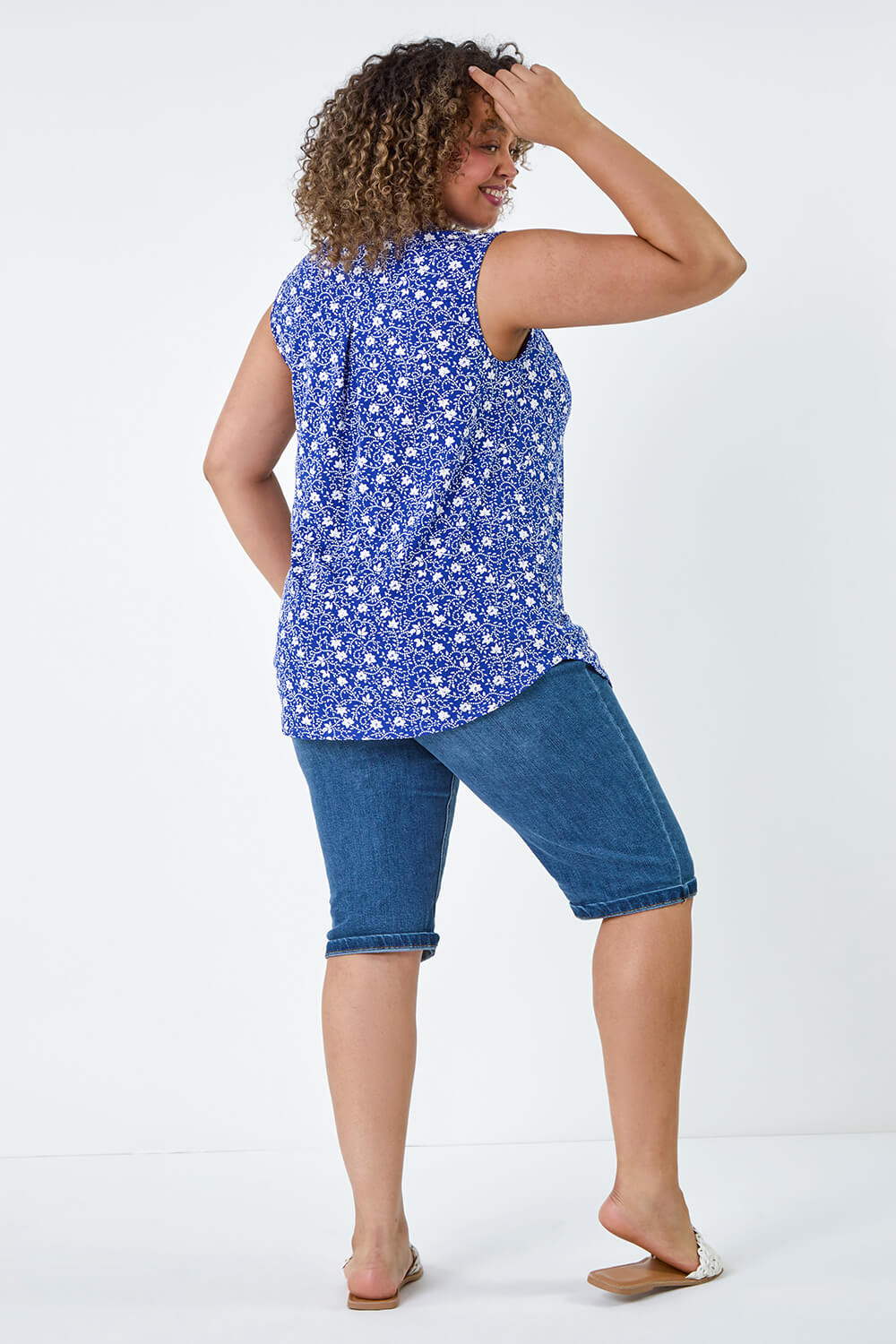 Royal Blue Curve Textured Ditsy Floral Stretch Top, Image 3 of 5