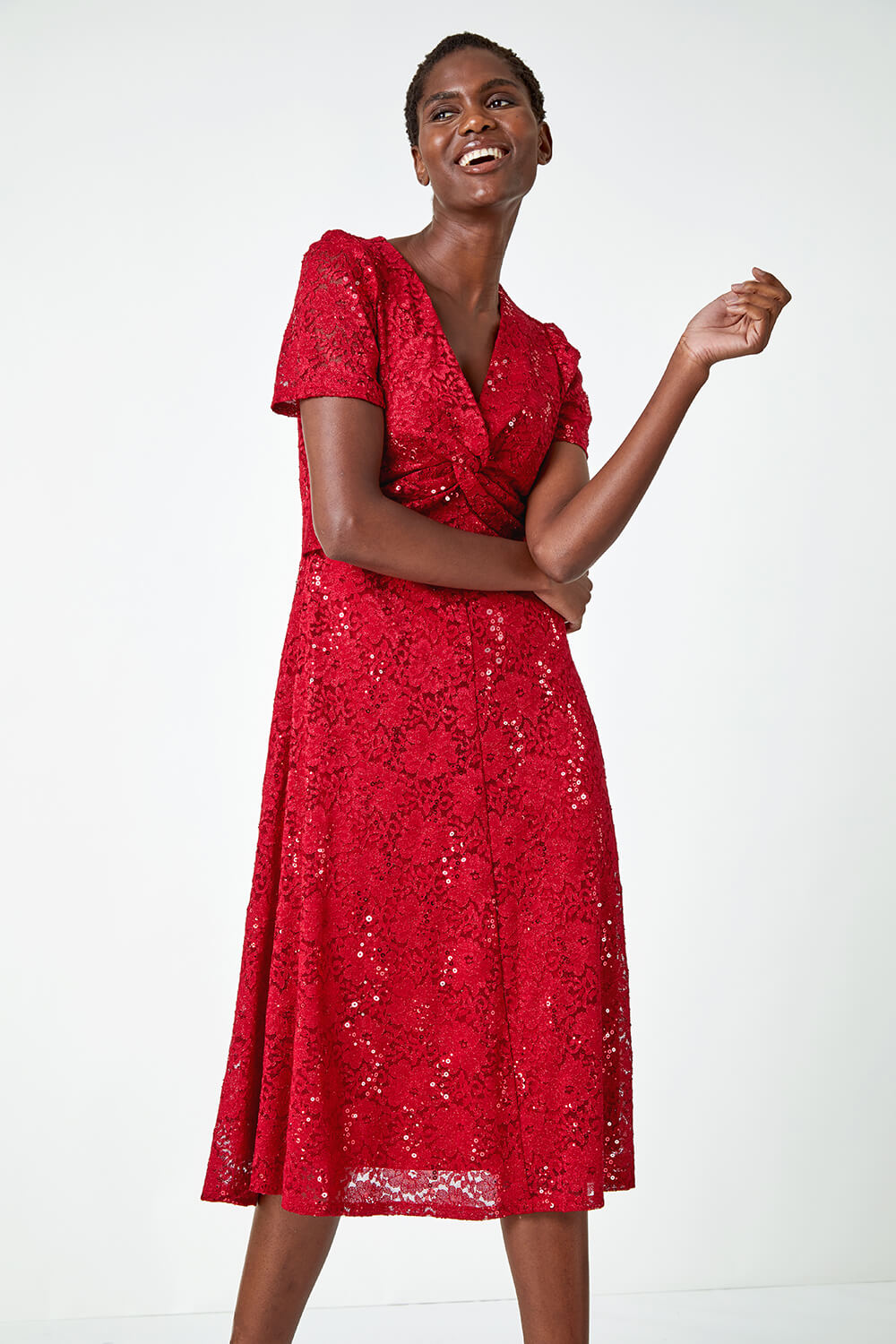 Red Sequin Lace Twist Front Midi Dress, Image 4 of 7