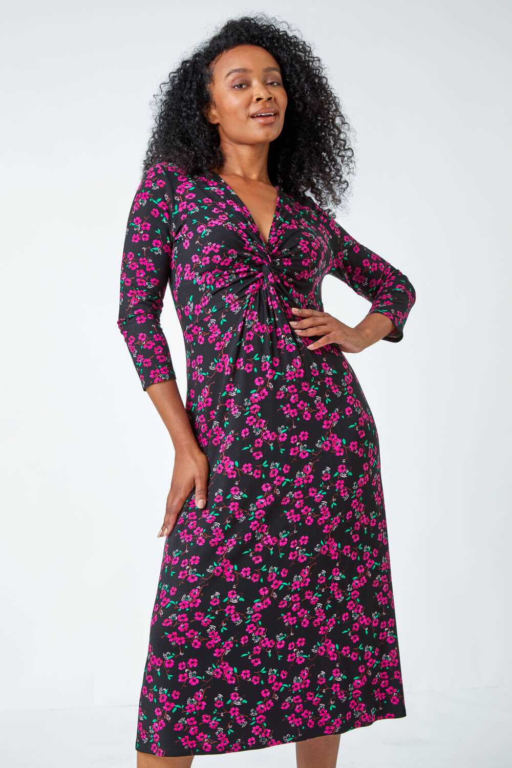 PINK Petite Floral Knot Front Stretch Dress, Image 2 of 5