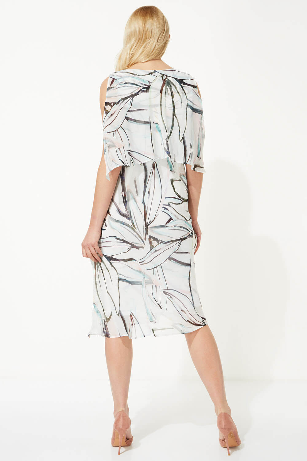 Ivory  Abstract Print Chiffon Layer Midi Dress, Image 3 of 5