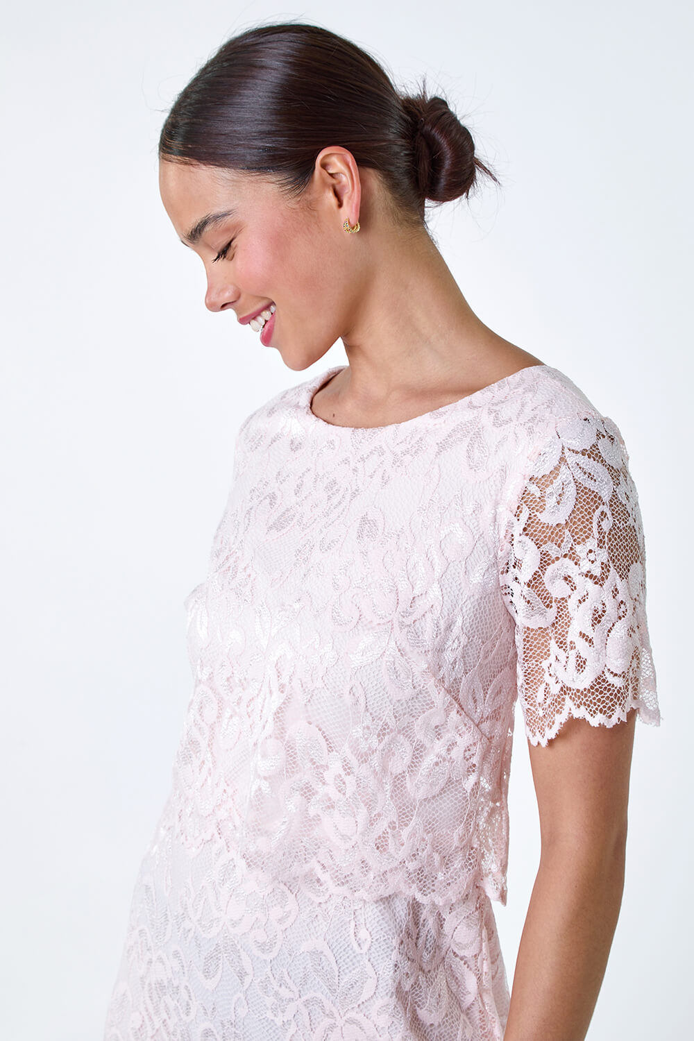 Light Pink Petite Lace Overlay Stretch Dress, Image 4 of 5
