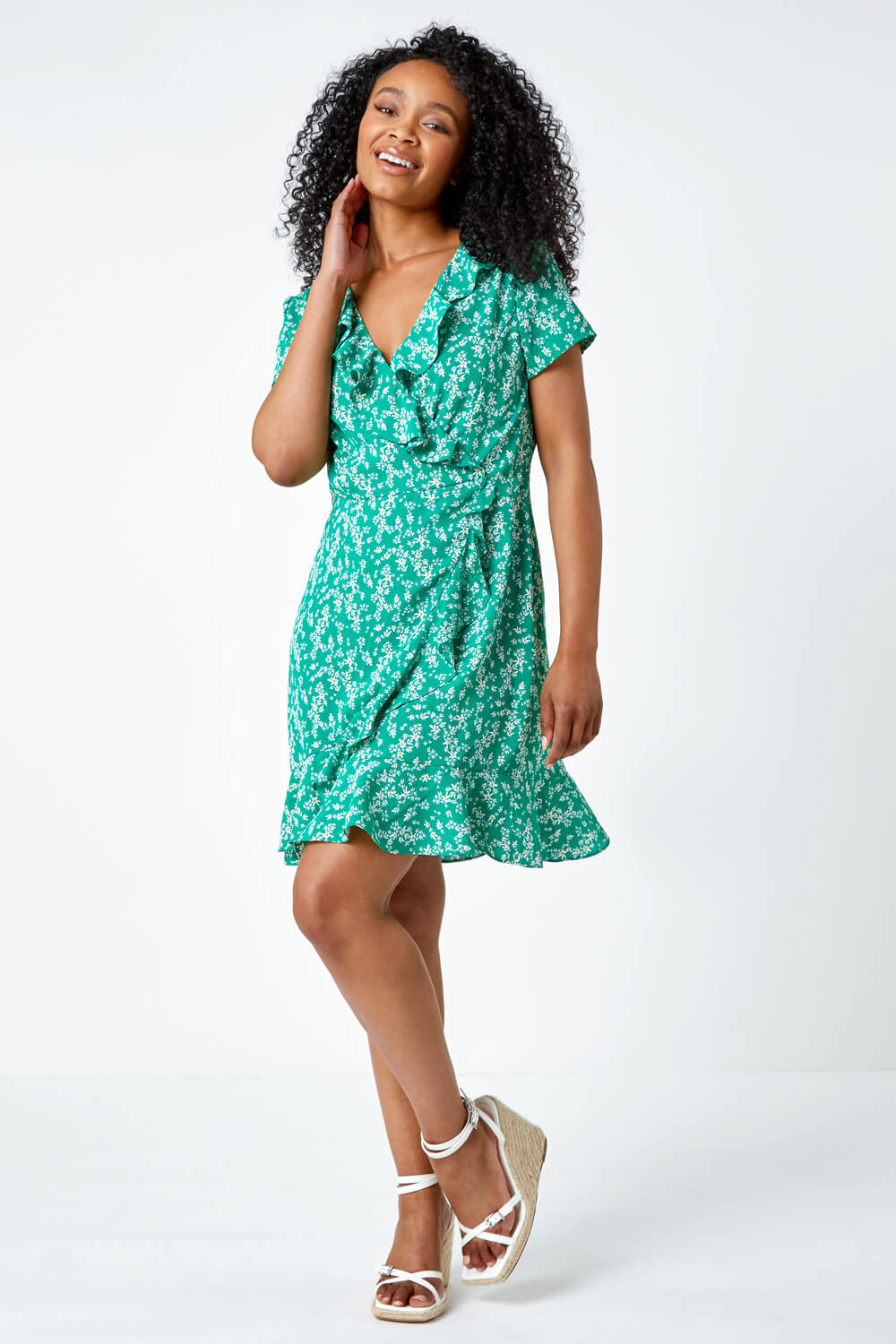 Green Petite Floral Print Ruffle Dress, Image 2 of 5