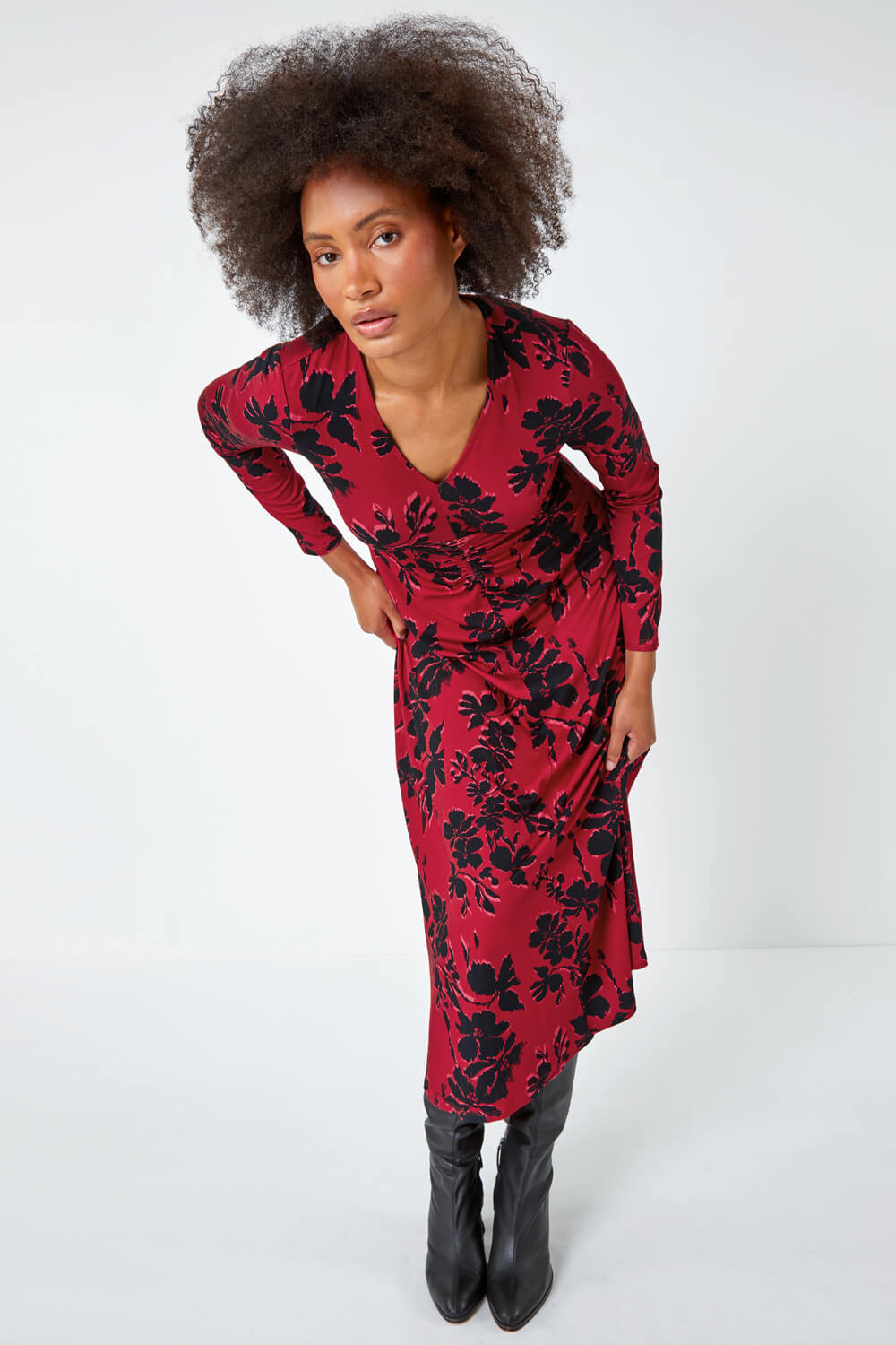 Red Floral Print Ruched Midi Stretch Dress, Image 4 of 5