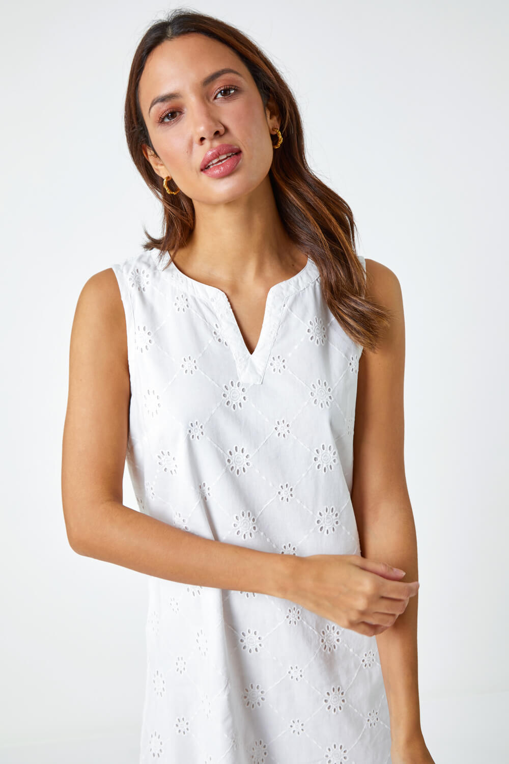 White Embroidered Cotton Shift Dress, Image 4 of 5