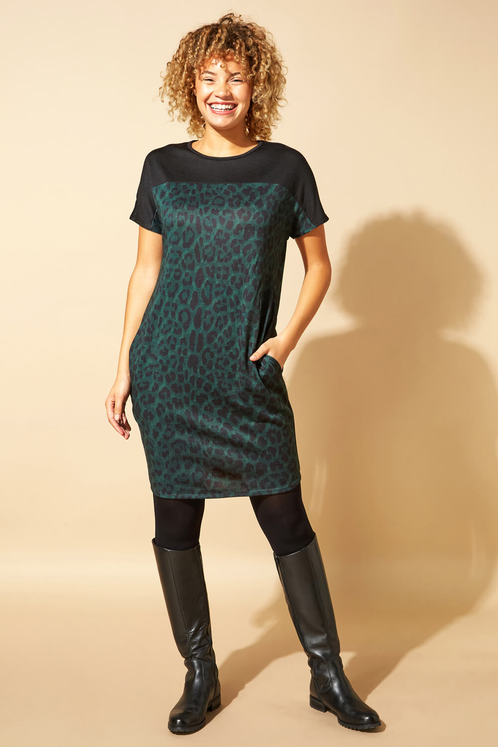 Forest Green Contrast Yoke Animal Leopard Print Cocoon Dress, Image 2 of 4