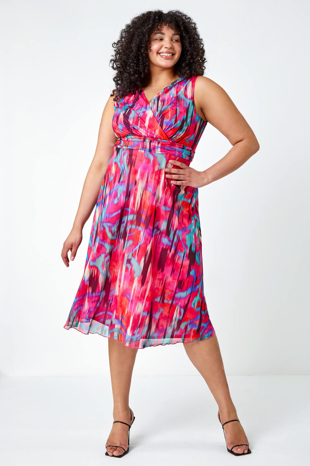 PINK Curve Abstract Print Mesh Wrap Dress, Image 1 of 5