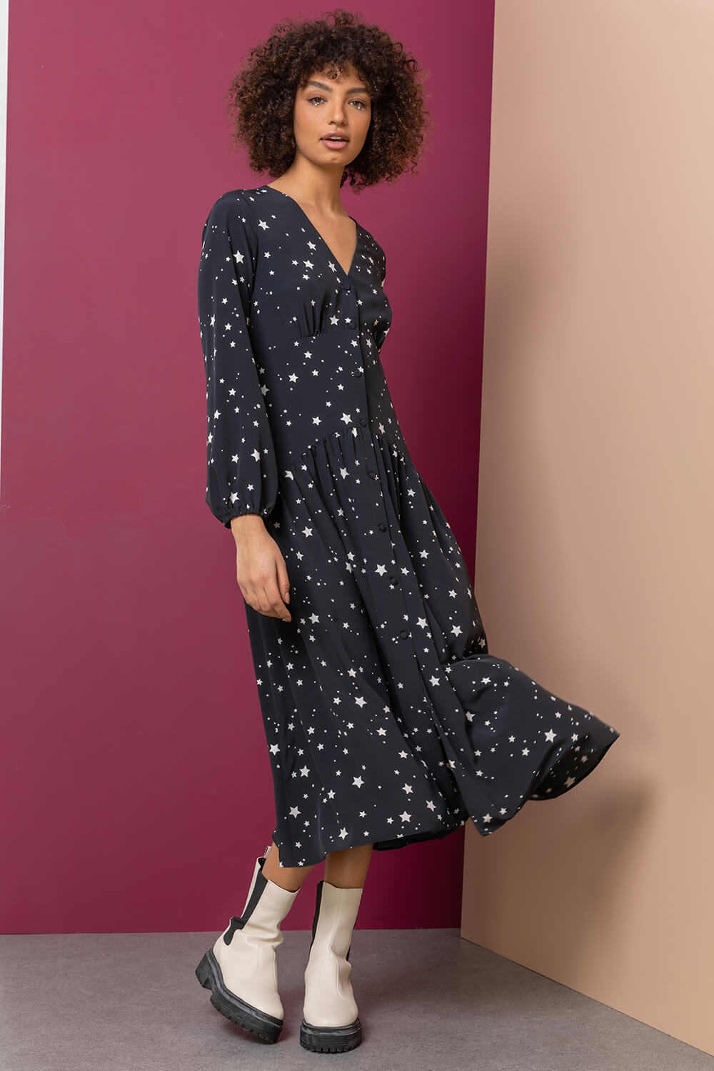 Black Star Print Fit & Flare Midi Dress, Image 3 of 5