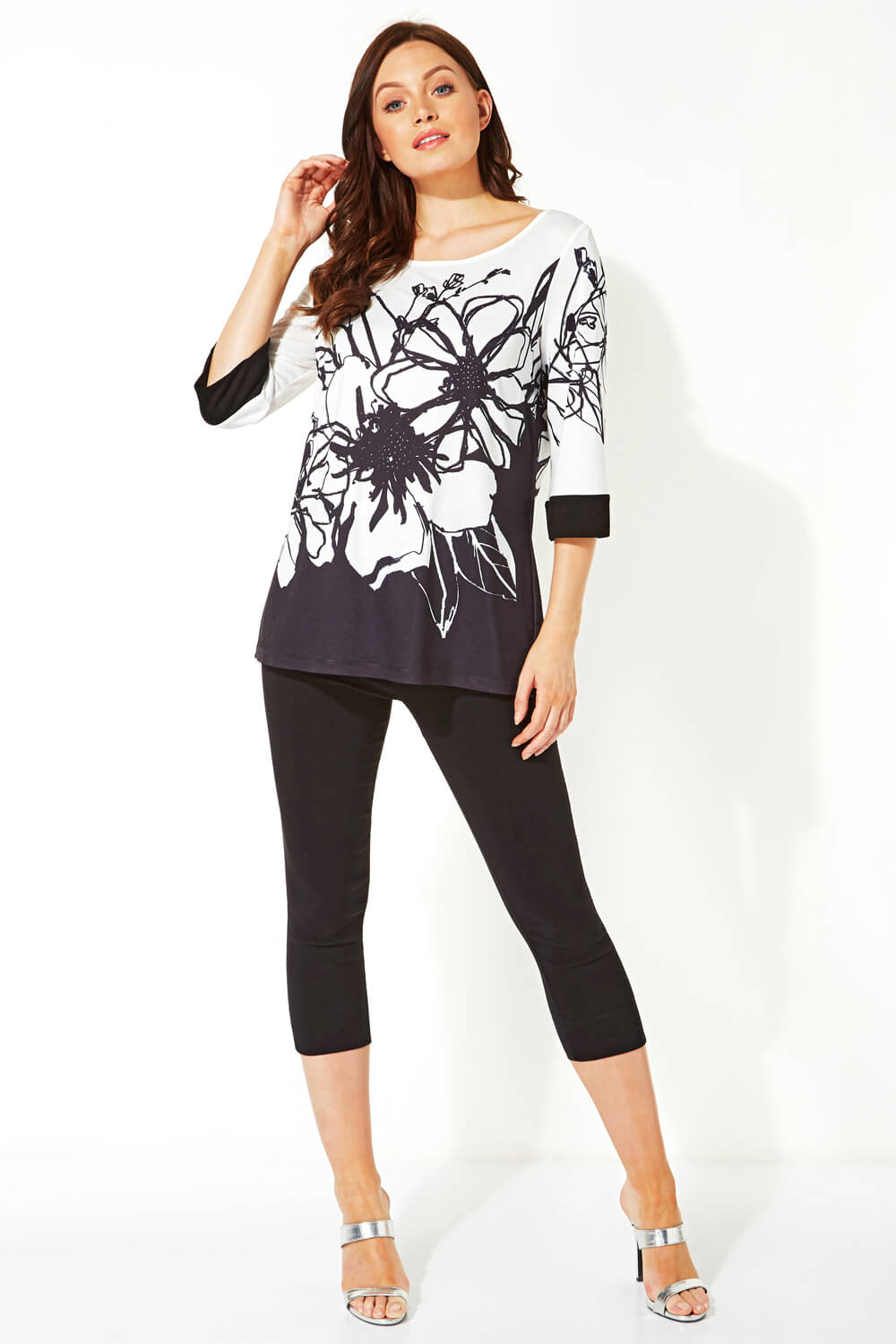 Ivory  Floral Print Contrast Top, Image 2 of 5