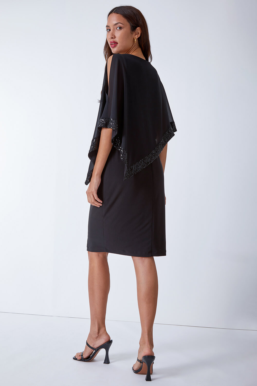 Black Sequin Trim Asymmetric Chiffon Overlay Dress, Image 3 of 5