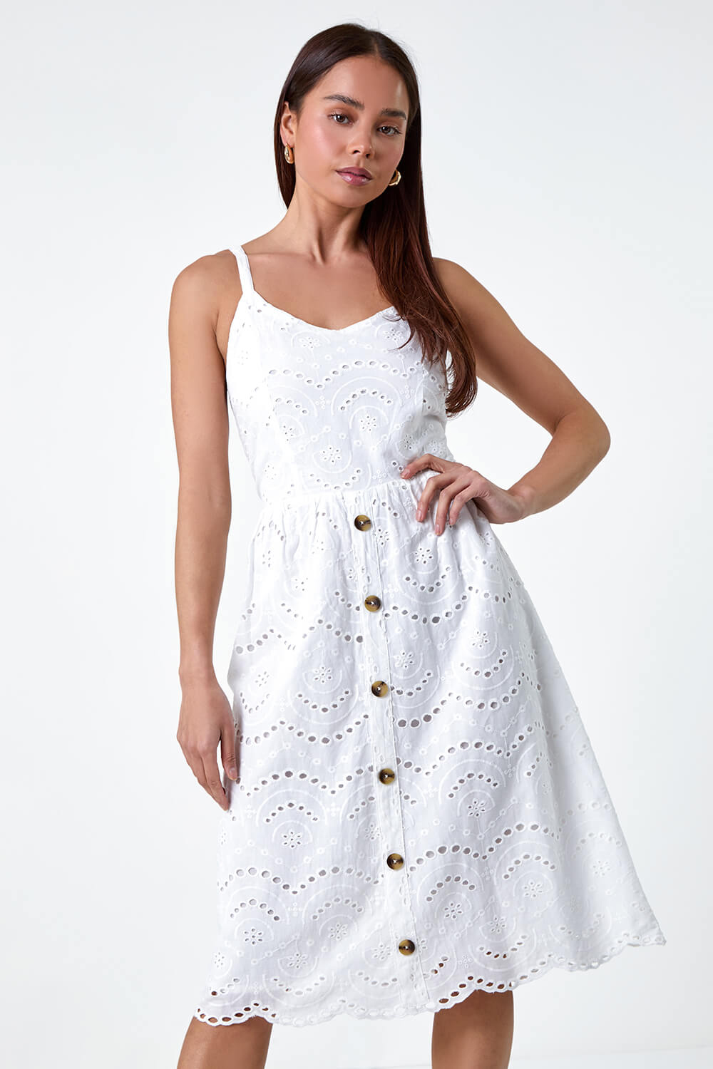 Ivory  Petite Cotton Broderie Button Dress, Image 3 of 5