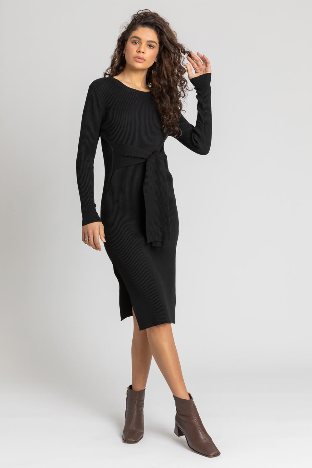 Black Side Split Belted Knit Dress, Image 5 of 5